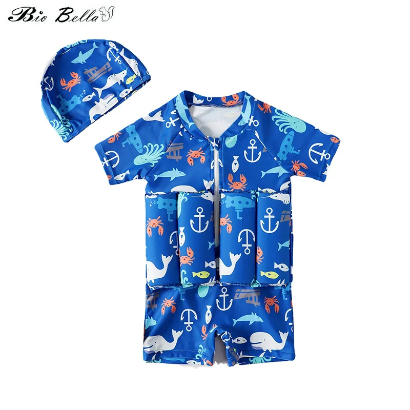 Children Swimming Training Swimwear Boys Girls Swimming Suit Detachable Floating Swimsuit Kids Buofancy Swimwear+Caps Suit
