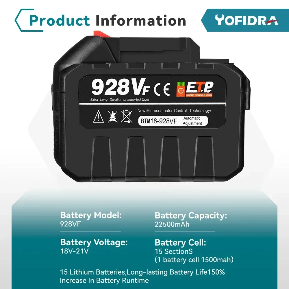 Yofidra Oplaadbare Batterij 22500Mah 15000Mah Lithium-Ion Batterij 388vf 928vf Li-Ion Batterij Voor Makita Elektrisch Gereedschap