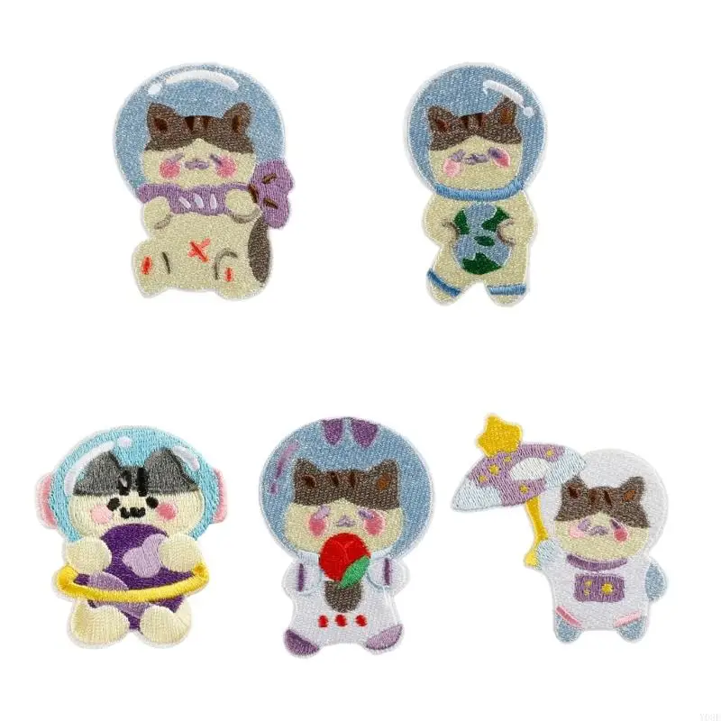 5 PCs Cartoon Cats Dekorative Flecken Schöne Astronauteisen auf Flecken bestickte Flecken Reparaturflecken nähen auf Flecken – Detail 9