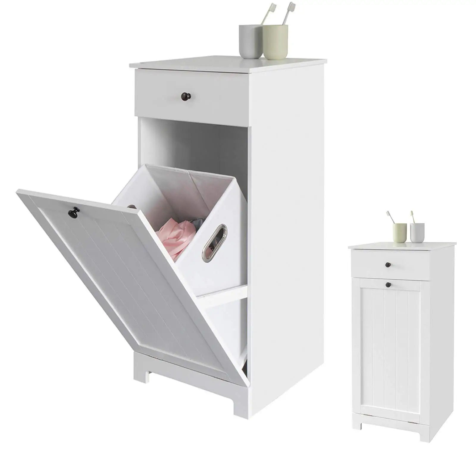 

Laundry Cupboard with Fold Out Laundry Bag, Bathroom Toilet Room Wood Storage Laundry Cabinet with Drawers