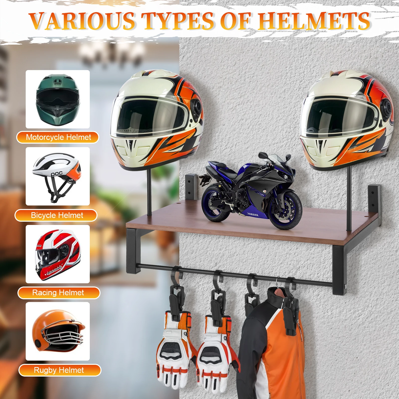  Wooden Motorcycle Helmet Holder Shelf with 5 Hook Wall Mount Gear Storage Display Rack Helmet Organizer Motocross Accessories