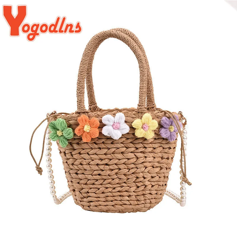 Yogodlns New Straw Woven Women Bag Summer Flower Fashion Woven Bag Handbag Paper Rope Hollow Casual Popular Shoulder Bag