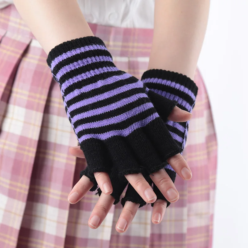 1Pair Black Stripe Half Finger Fingerless Gloves for Women