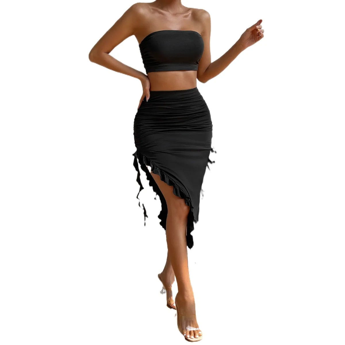 

2023 Summer New Bra Women's Dress European and American Sexy Wrap Hip Fold Split Irregular Skirt Set