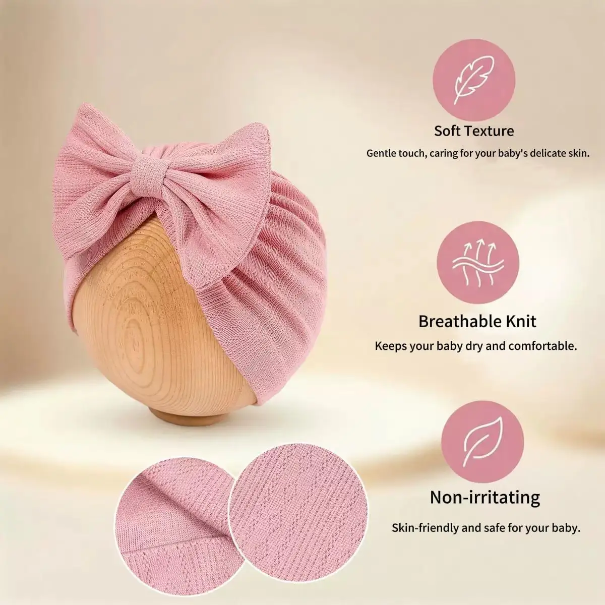 봄, 가을 스타일의 헤어밴드 모자, 1-12개월 에게 적합하며, 신축성 있는 원단으로 손뜨개질과 손바느질로 제작되었습니다.