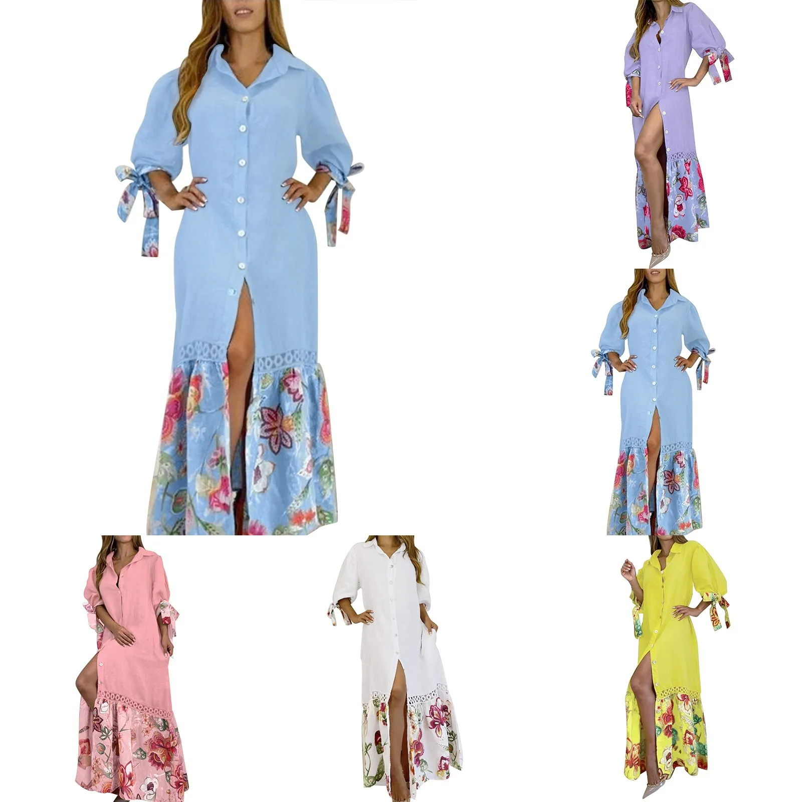 

Women's Floral Print Neck Half Sleeve Split Button Up Party Maxi Dress