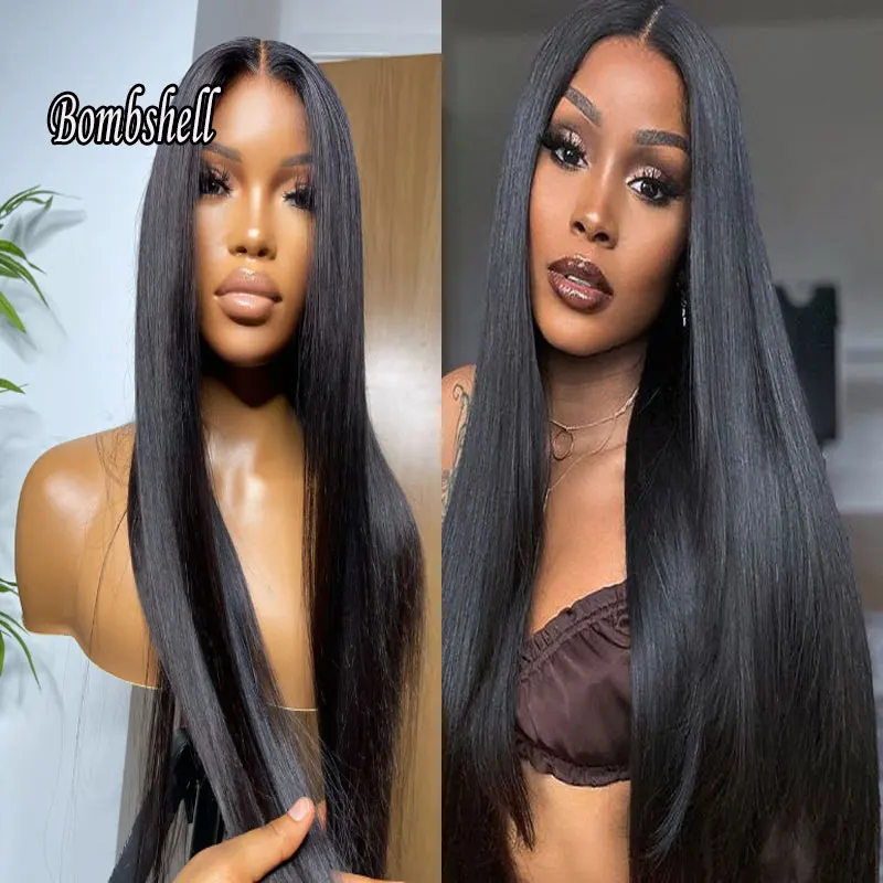 

Bombshell Black Long Straight Synthetic Lace Front Wig Glueless Good Quality Heat Resistant Fiber Middle Parting For Black Women