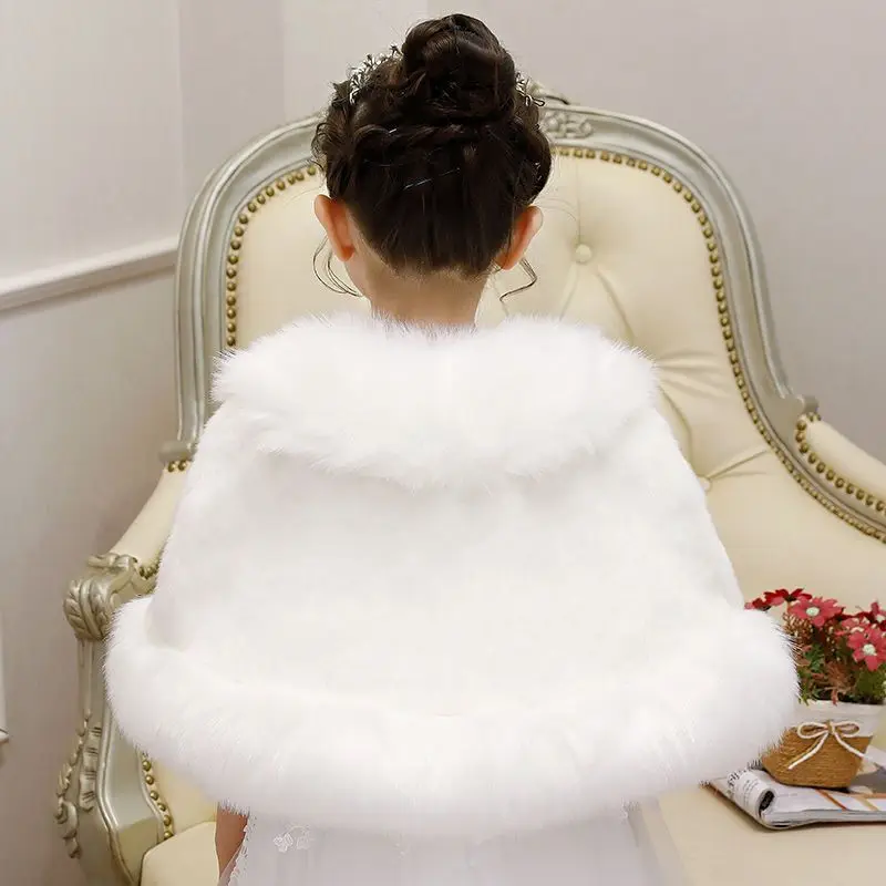 Winter Thicker Cloak Girls Kids New Year Costume Warm Children Faux Fur Hooded Shawl Cloak Red White Coat For Girls Kids 3-13T