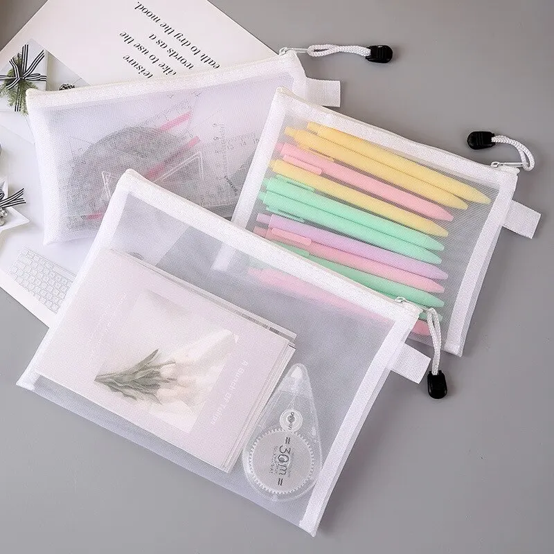 Transparent Document Bag Mesh Zipper Information Bag Small Fresh Large Capacity Stationery 3pcs/Set document bag storage bag bag organizer