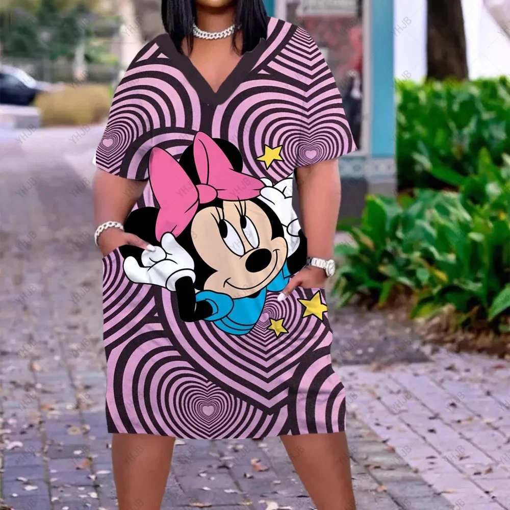 

New women's summer casual loose dress Disney Minnie Mickey printed V-collar short sleeve dress fashion Bohemian party dress 5XL