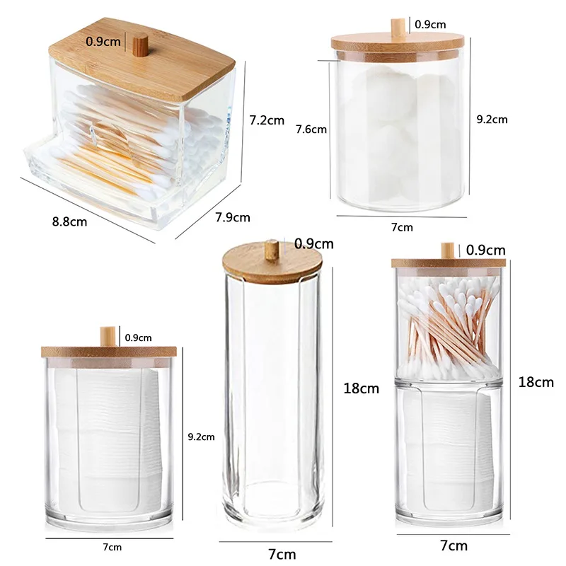 Cotton Swab Organizer Storage Bamboo Cover Acrylic Round Organizer Makeup Storage Box Container Organizadores makeup organizer makeup storage box cosmetic storage box cotton swab holder
