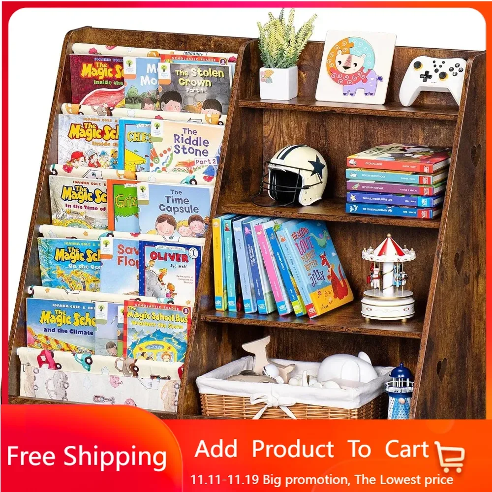 4 Tier Kids Bookshelf and Storage Organizer, Five Layer Sling Children Bookcase, Baby Toddler Wooden Book Shelf