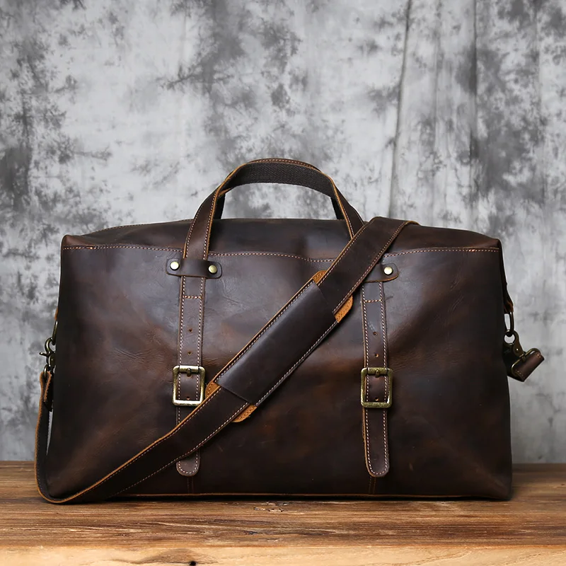 NZPJ Vintage Large Capacity Leather Travel Bag Men's Top Layer Cowhide Crossbody Handbag Crazy Horse Leather Luggage Bag