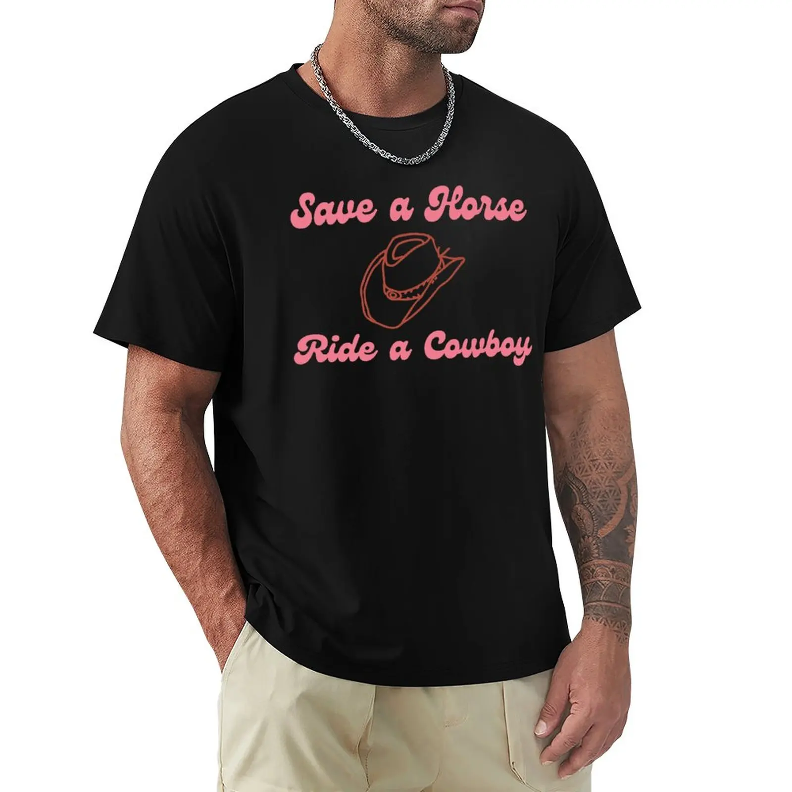 

Save a Horse, Ride a Cowboy pink and peach graphic with cute cowboy hat T-Shirt sports fans Short sleeve tee Men's t-shirts