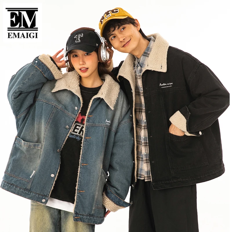 

Men Women Japan Streetwear Loose Casual Vintage Denim Lambhair Autumn Winter Parkas Jacket Campus Couple Thick Coat Outerwear