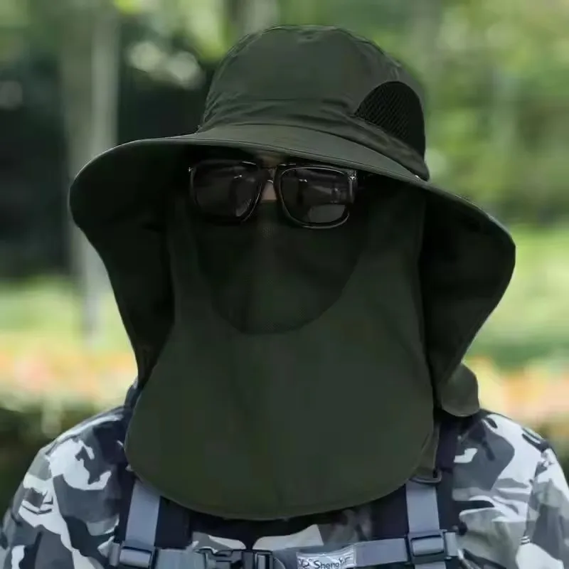UPF50+ Fishing hat Sun shading large eaves mountain climbing mask mesh breathable outdoor UV protection detachable full face sun hat sun protection hat fisherman hat uv protection head mask