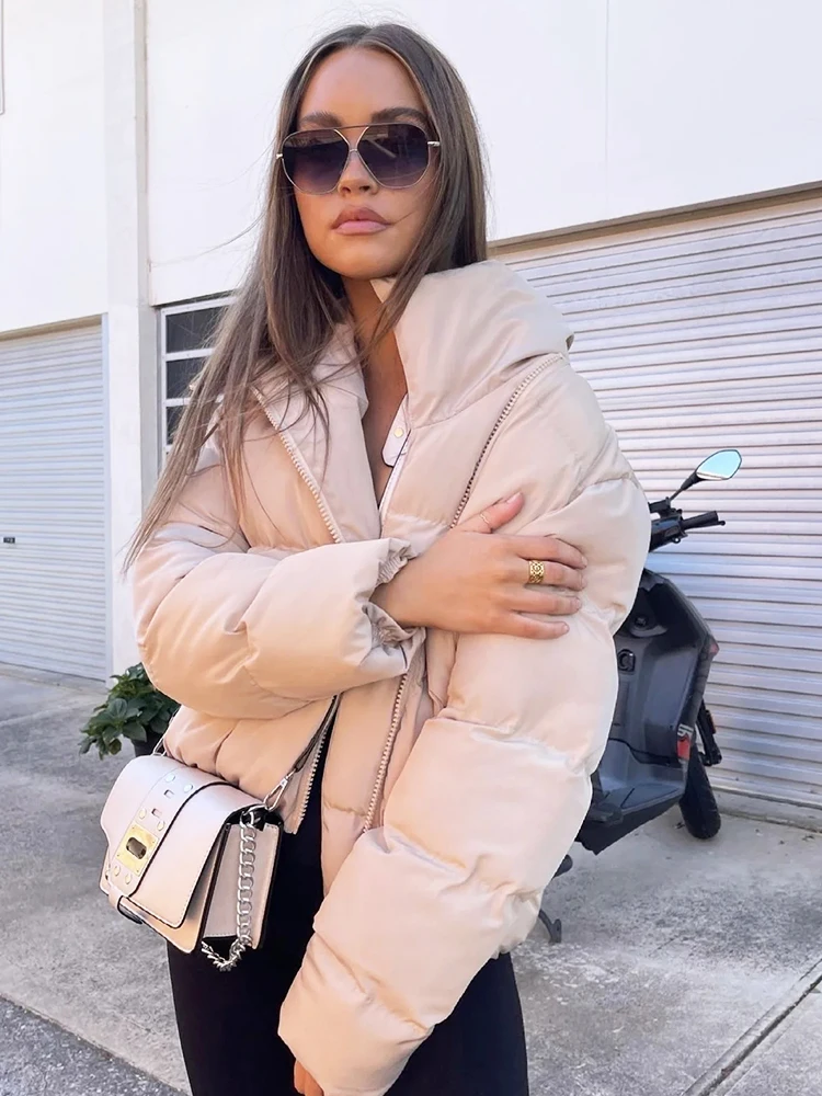 

2023 Winter Women's Cropped Jacket Parkas Fashion Solid Zip Turtleneck Puffer Thick Warm Overcoat Female Casual Chic Street Wear