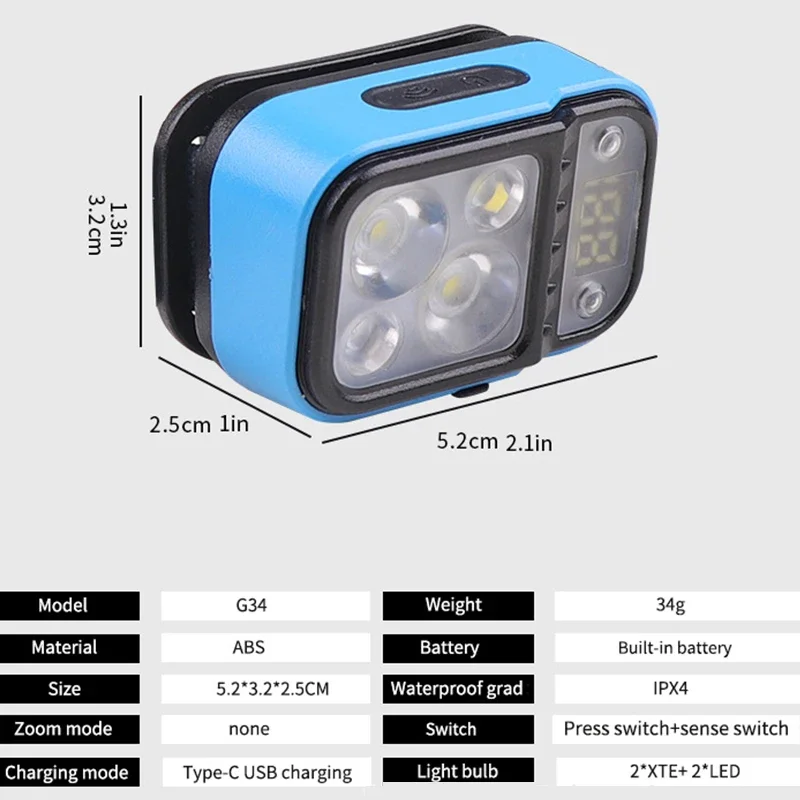 멀티 광원 헤드램프, 적색 조명, 휴대용 LED 헤드 램프, 충전식 헤드라이트, 배터리 디스플레이, 방수 램프, 1-3 개