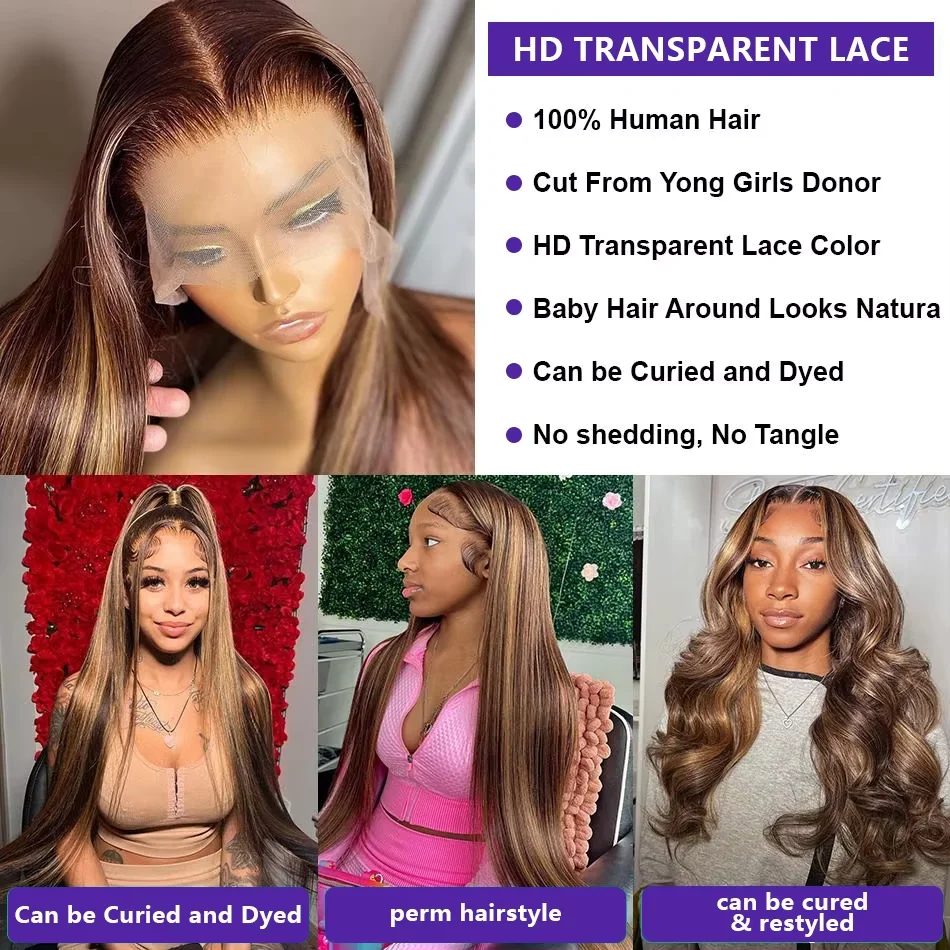 220 Density Highlight Straight Human Hair Layered Cut Human Wig Honey Blonde 13x6 13x4 Transparent HD Lace Frontal Wig For Women
