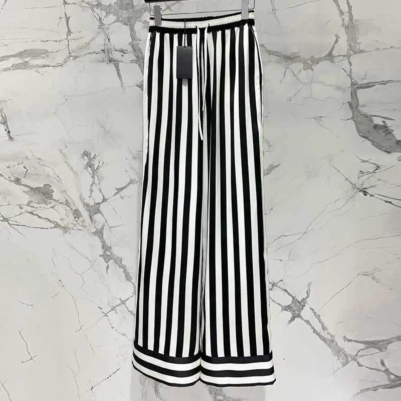 

Trendy Women's Acetic Acid Striped Wide Leg Pants Chic Elastic Waist Lace Up Design Long Trousers Runway High End Y2K Clothes