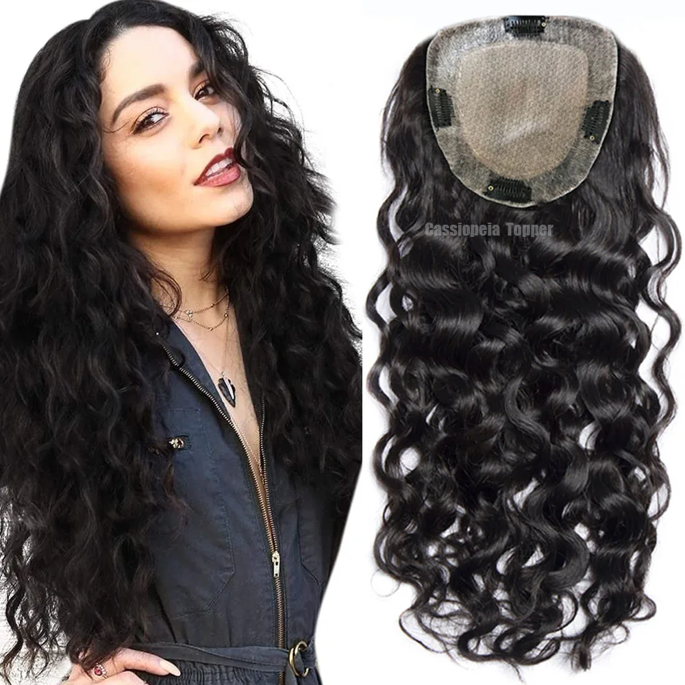 Hair Toppers Silk Topper Real Skin Scalp 100% Virgin Human Hair Topper for Women with 4 Clips Loose Wave 2CM PU Around Silk Base