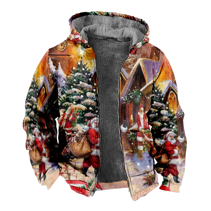 Christmas Cotton Coat Hooded Sweater Casual Print Men's Fur Loop Arctic Velvet Zipper Patch Pocket Hooded Sweater a05