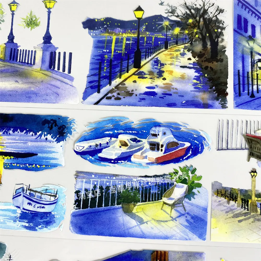 와시 펫 테이프 A700 여름 밤 저녁 해변 풍경 스트리트 뷰 앤틱 스크랩북 콜라주 DIY 카드 스티커