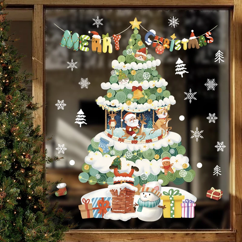 Christmas Santa Claus Window Stickers Xmas Tree Snowflake Glass Wall Sticker Merry Christmas Decoration for Home 2025 New Year