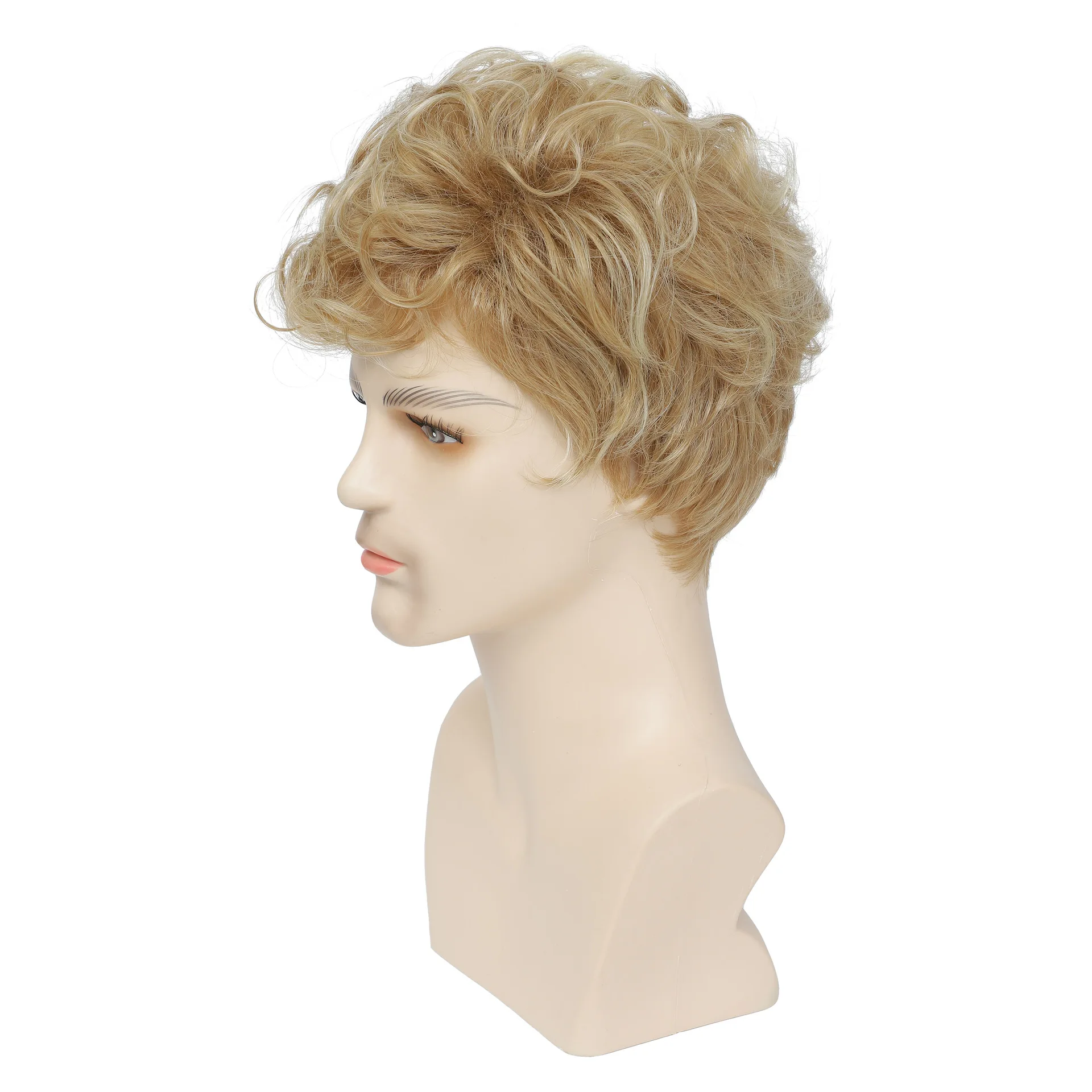 Synthetic Men Short Curly Blonde Wig with Bangs Fluffy Looking Realistic Wig High Temperature Fiber Wavy Fake Hair - 3