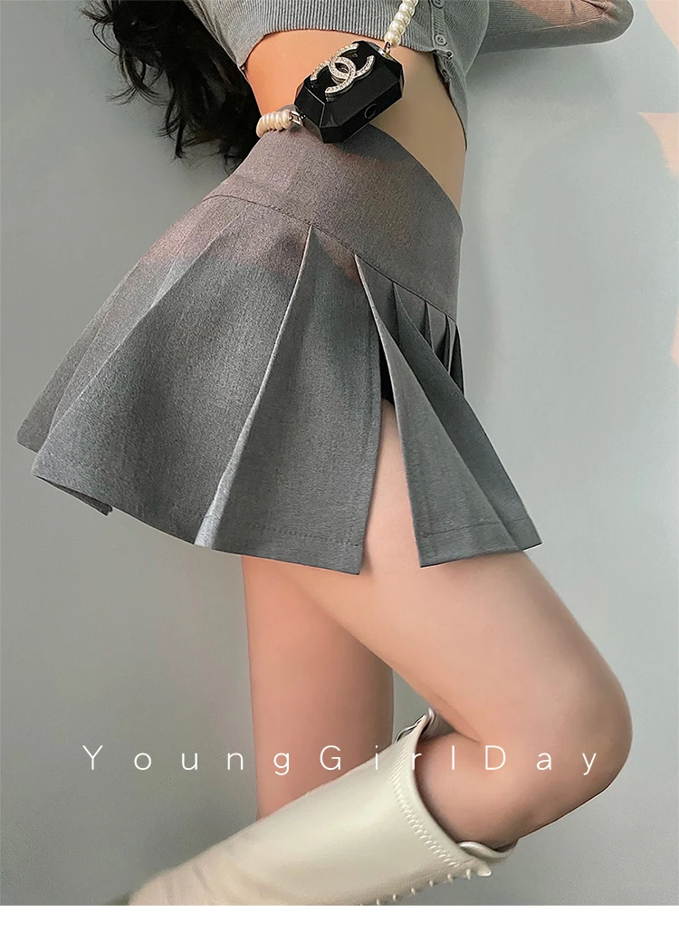 HOUZHOU Sexy Pleated Mini Skirt Women Fashion 2024 Grey Side