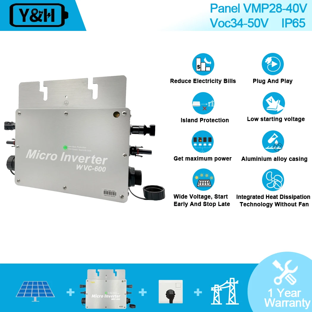 Wvc 600ワットマイクロソーラーグリッドタイインバーター防水グレードIP65に使用pv DC28-50V ac 120v  230vパネルスマートマイクロインバータ