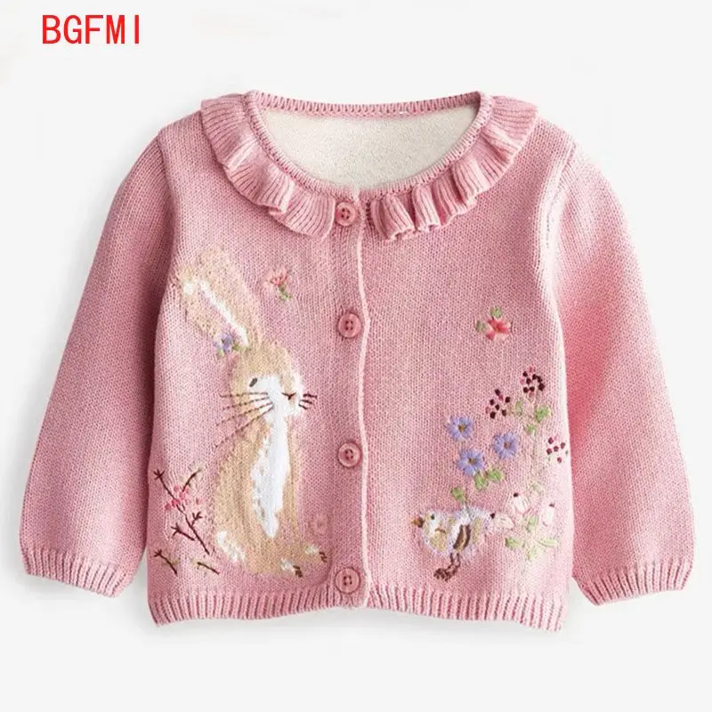 2-9세 아동용 가디건 여아용 핑크 토끼 자수 러플 라운드 넥 2025 아동용 플리스 안감 스웨터 니트 상의