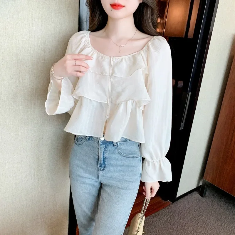 

Шифоновая женская рубашка на весну/лето, приталенные офисные женские блузки, женская одежда, модные женские Топы с длинным рукавом и оборками YCMYUNYAN