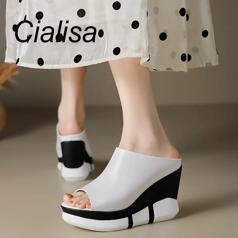 

Cialisa Real Leather Platform Slipper High Quality Open-Toed Summer Shoes Elegant High Heel Handmade Wedges Women Slippers Black