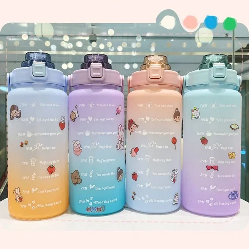2000ml Super-Capacity Sports Water Bottle With Bounce Cover Time Scale Straw Cup Colorful Portable Outdoor Travel Water Bottle