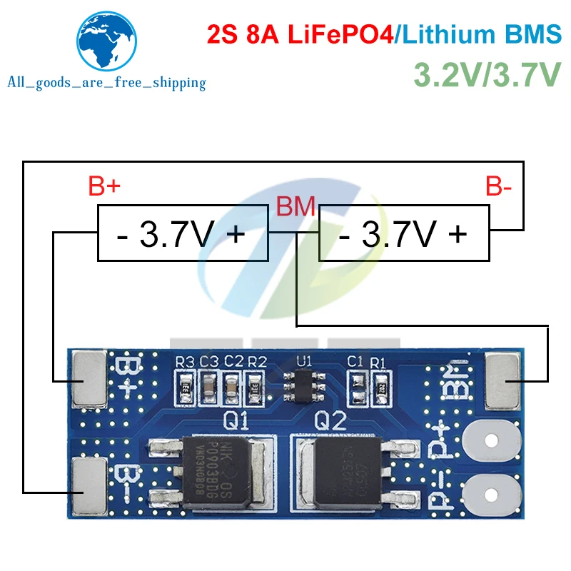 1/3PCS BMS 2S 3.2V 3.7V 8A LiFePO4 / 리튬 배터리 충전 보호 보드 15A 최대 전류 6.4V 7.2V 18650 32650 배터리