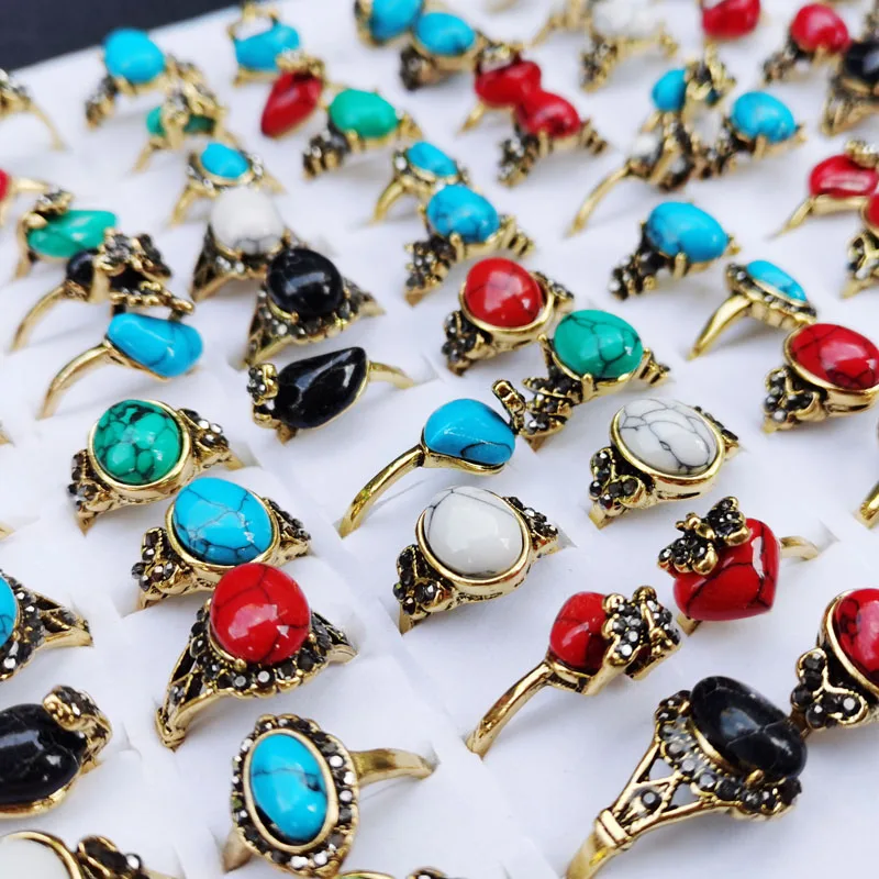 

20pcs/Lot Natural Pine Stone Rings for Women and Men Black Rhinestone Turquoise Ring Antique Party Gift