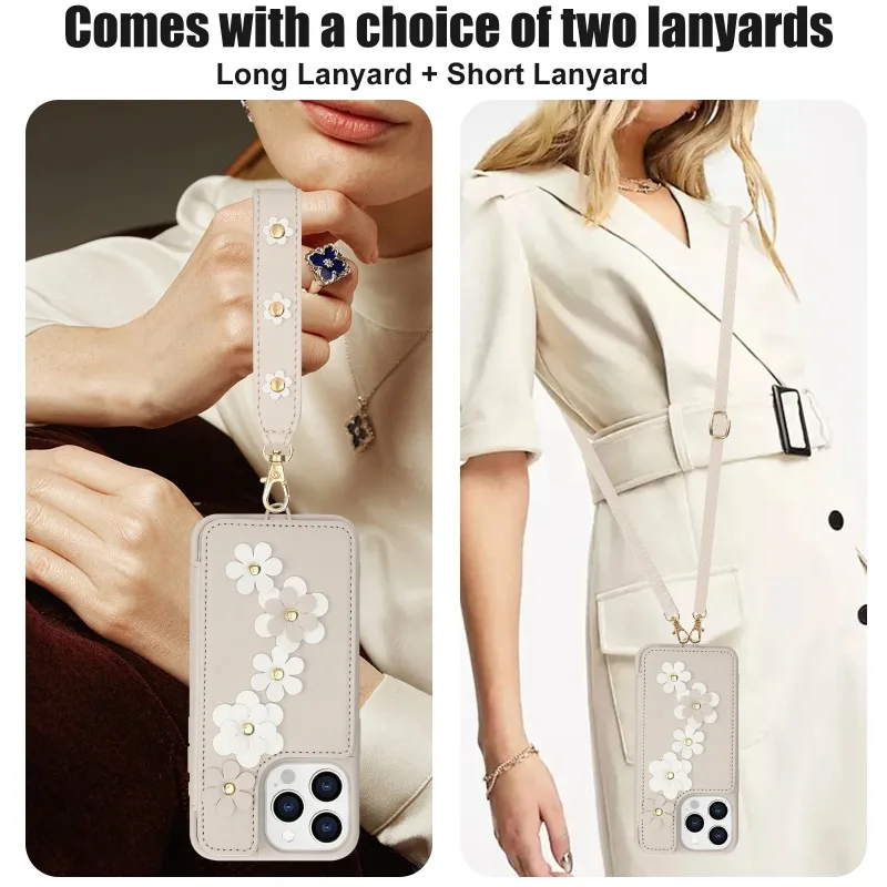 Crossbody Wrist Strap Flower Phone Case for IPhone 16 15 14 13 12 11 Plus Pro Max XS XR X 7 8 Wallet with Card Holder Shell Cover_voghion.com