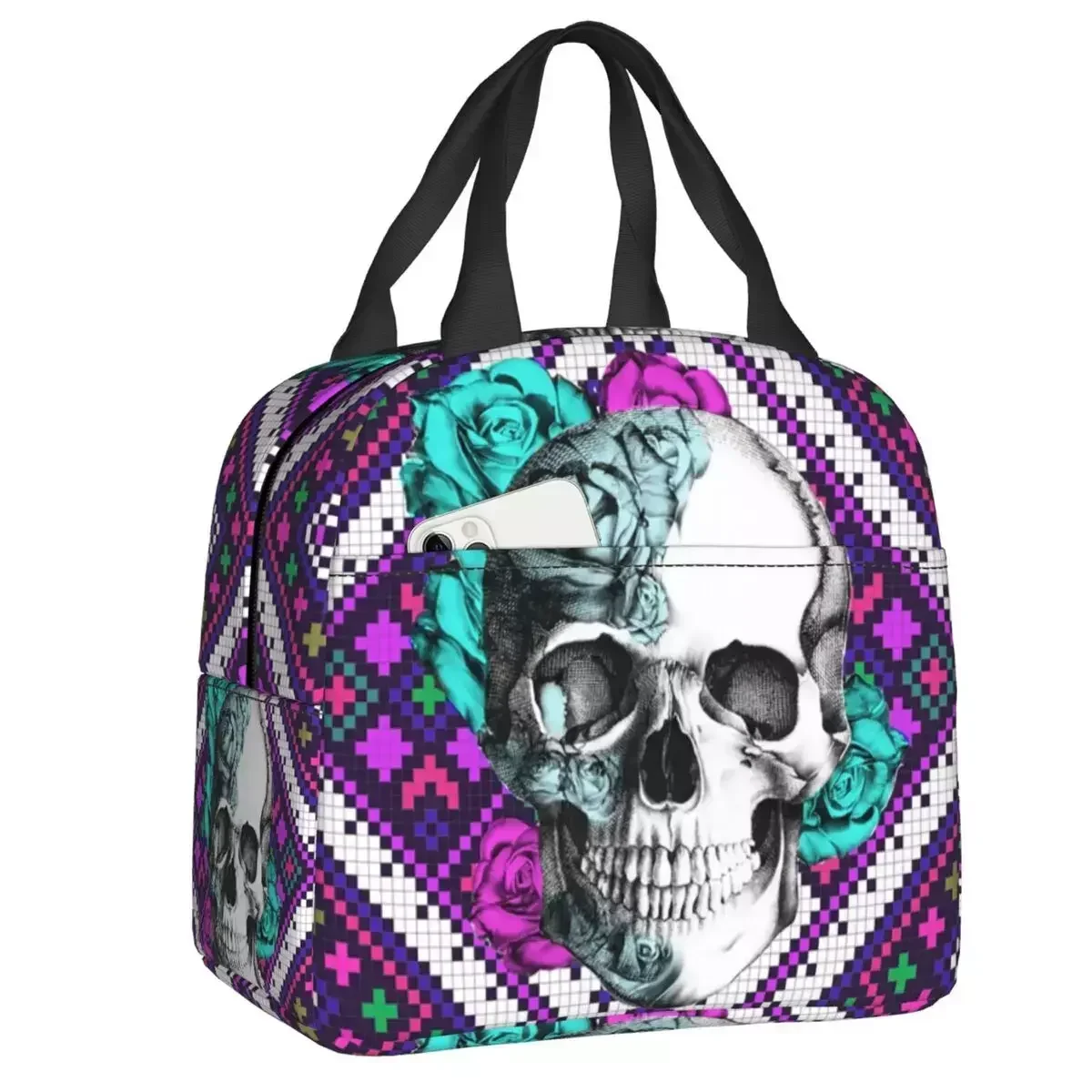 

2024 New Aztec Rose Skull In Purple And Teal Thermal Insulated Lunch Bag Day Of The Dead Portable Lunch Multifunction Food Box
