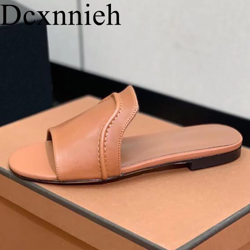 

Women Retro Flat Bottomed Slippers Ladies Genuine Leather Open Toe Lazy Sandals Summer Outdoor Comfortable Vacation Shoes 2024