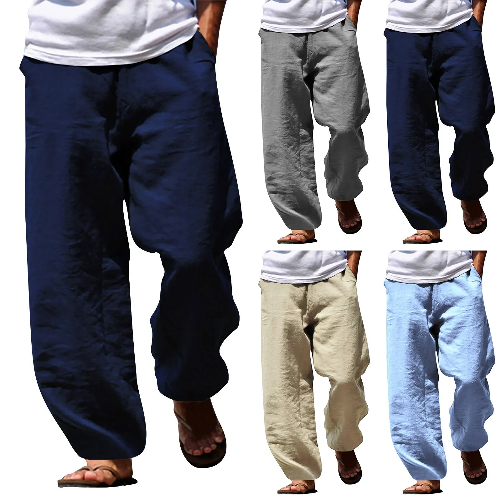 Men pants Men's Cotton Linen Harem Pants Casual Drawstring Elastic Waist