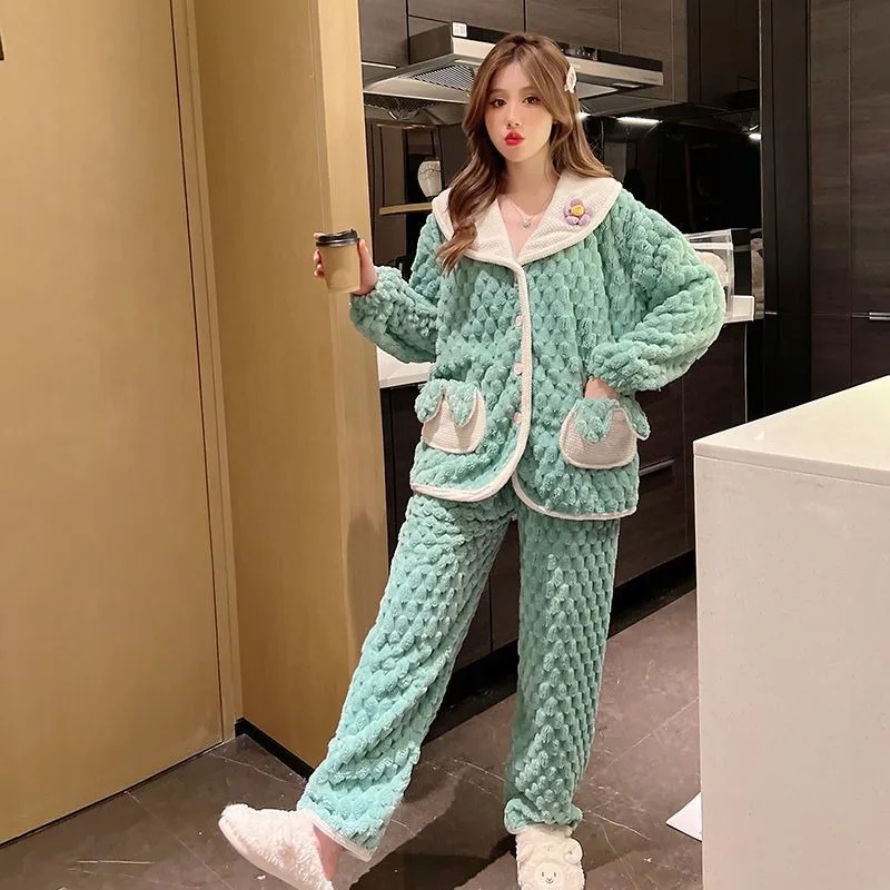 2024 New Coral Velvet Winter Pajamas Plus Velvet Padded Loungewear Suit Women V-neck Lacing Homewear Thicken Warm Sleepwear