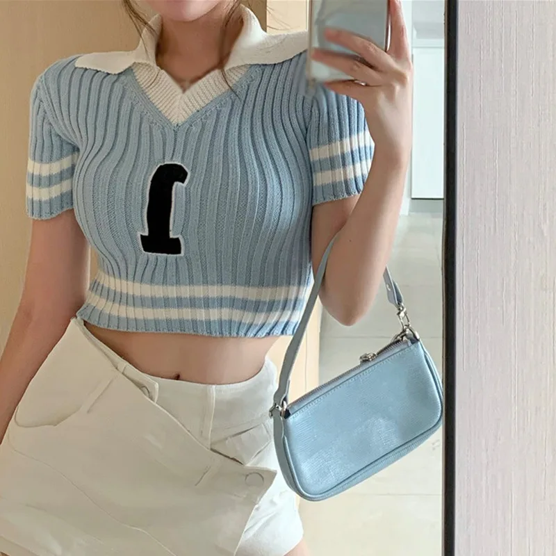 Chicbeautyy Women's  Crewneck Short Sleeve Knit Striped Tops