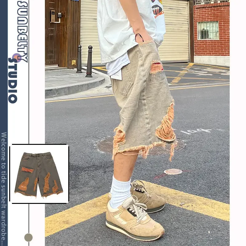 Denim Shorts Casual Shorts Street Washed Distressed Raw Hem Ripped Denim Retro Men Clothing Summer Loose Straight Knee Length Solid Pants denim shorts summer jeans shorts