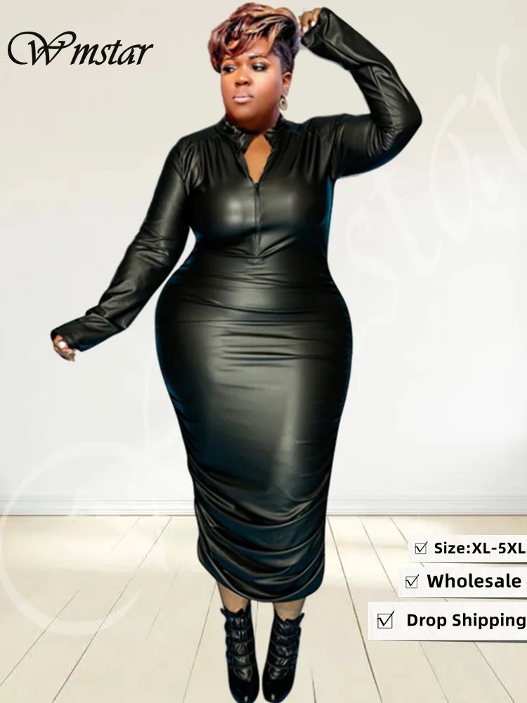 

Wmstar Plus Size dress PU Leather Zip Up Full Sleeve Stretch Offie Lady Elegant Black Maxi Dress Wholesale Dropshipping 2023