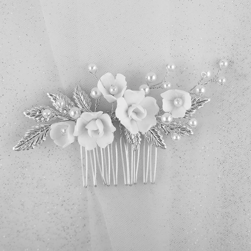 Floralbride Handmade Alloy Leaf Crystal Rhinestone Ceramic Flower Pearls Bridal Hair Comb Wedding Hair Accessories Women Jewelry