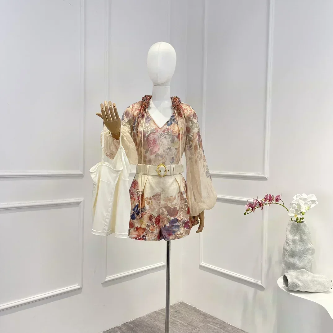 

Beige 2023 New Summer High Quality Linen Silk Vintage Floral Print Lantern Sleeve Appliques Blouse and Belt Shorts Woman Set