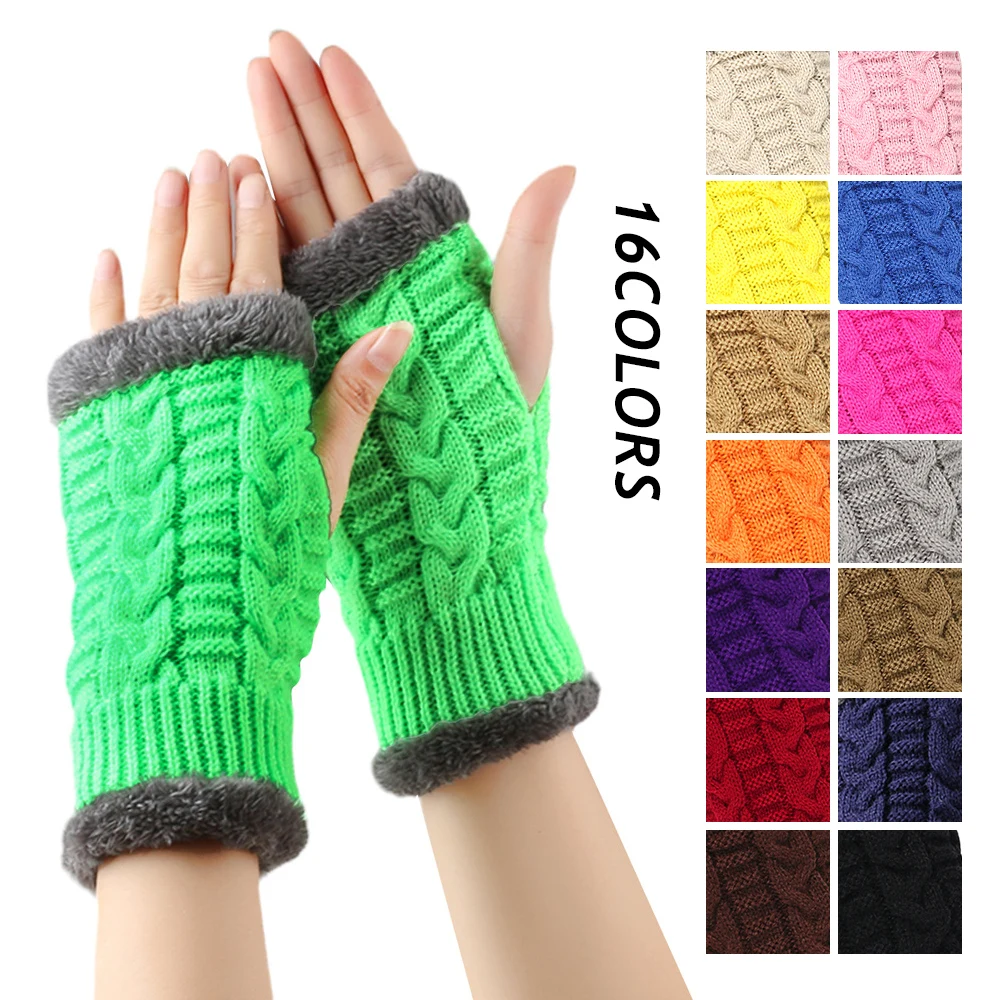 Solid Half Finger Gloves For Women Winter Thicken Warm Wool Knitting Arm Gloves Writting Plush Warm Mittens Handschoenen Guantes