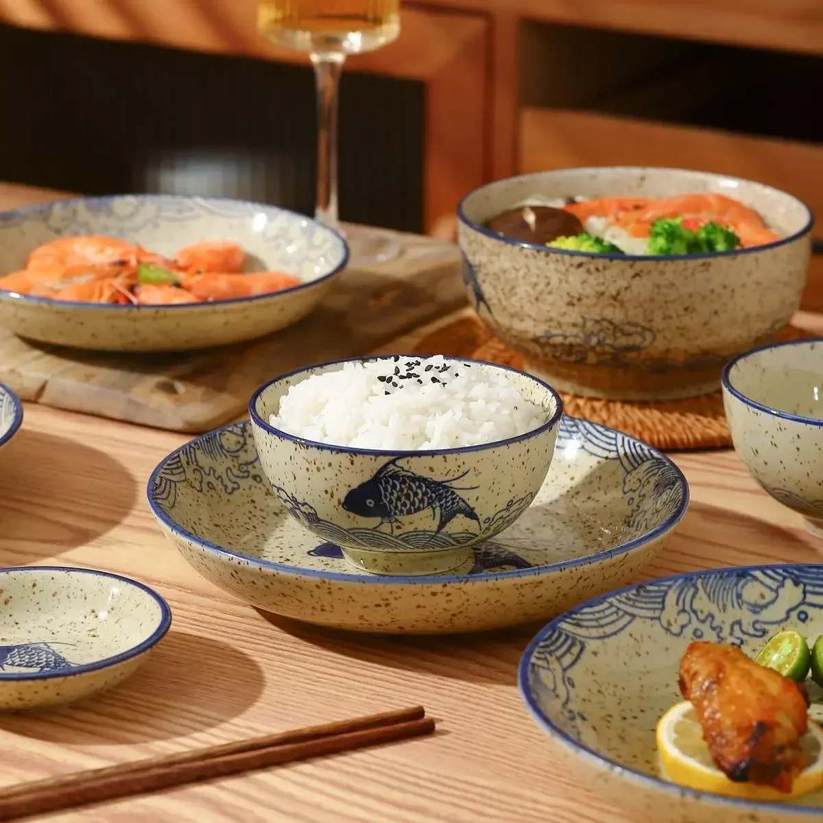 Chinese Fish Plate Round Plate Ceramic Deep Soup Bowl Household Tableware Set ceramic dessert plates bone china tableware sets