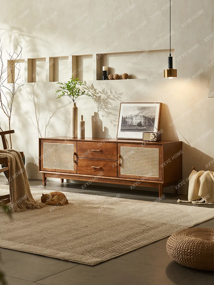 

Solid Wood Rattan TV Cabinet Floor Cabinet Minimalist Creative Rattan Storage Cabinet Storage